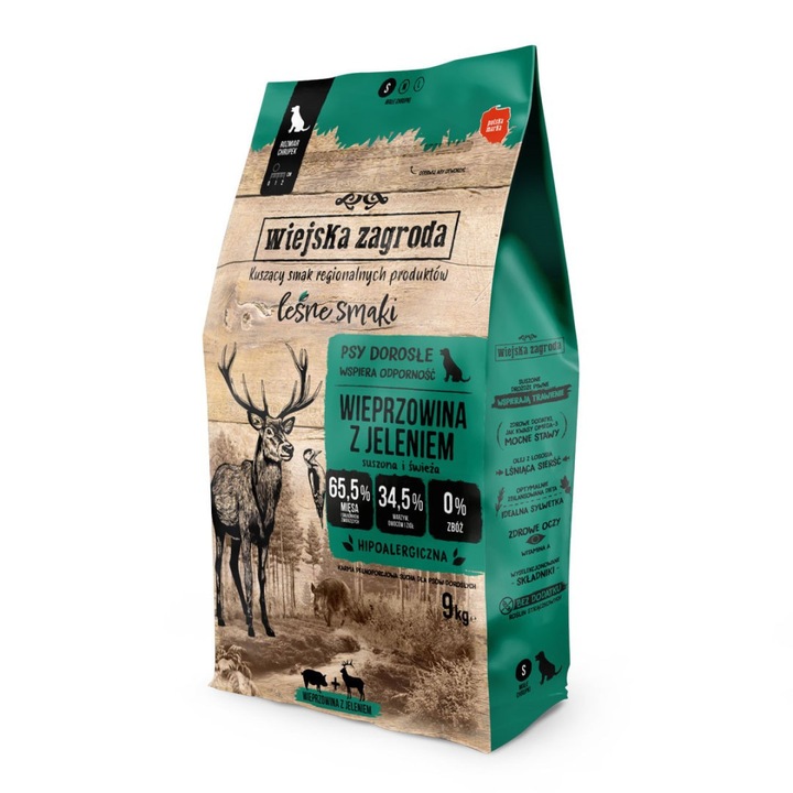 Hrana uscata pentru caini Wiejska Zagroda cu arome de padure, porc si cerb, chipsuri mici, marime S, 9 kg