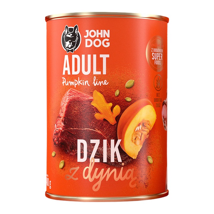 Hrana umeda pentru caini, John Dog, cu mistret si dovleac, 400g
