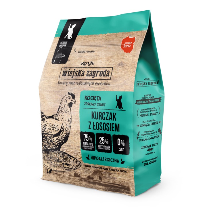 Hrana uscata fara cereale pentru pisoi cu pui si somon 400g Wiejska Zagroda