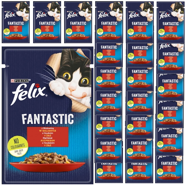 Hrana pentru pisici cu carne de vita in pliculet cu jeleu 26 x 85 g, Felix Fantastic
