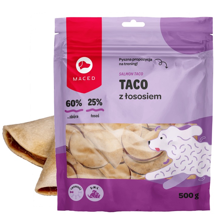 Recompensa Moale pentru Caini cu Umplutura, Taco Macerat, cu Somon 500g