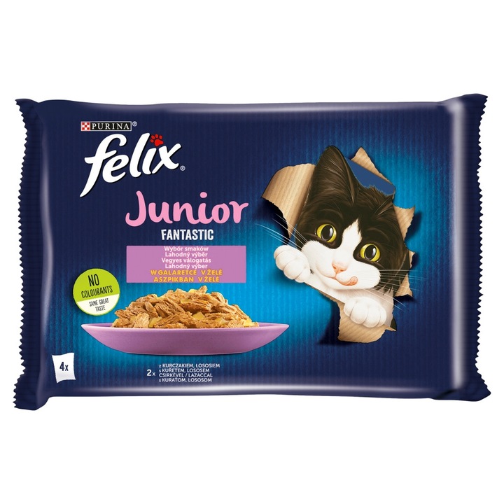 Felix Fantastic Junior macskaeledel szett, csirkével és lazaccal zselatinban, 340g (4x85g)