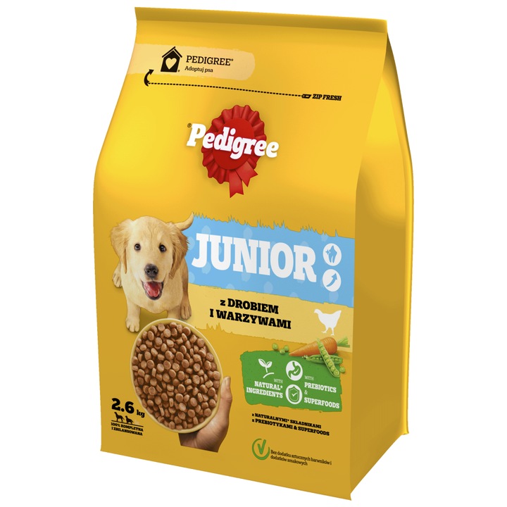 Hrana uscata Pedigree Junior 2.6 kg cu carne de pasare si legume pentru catei de rasa medie si mare