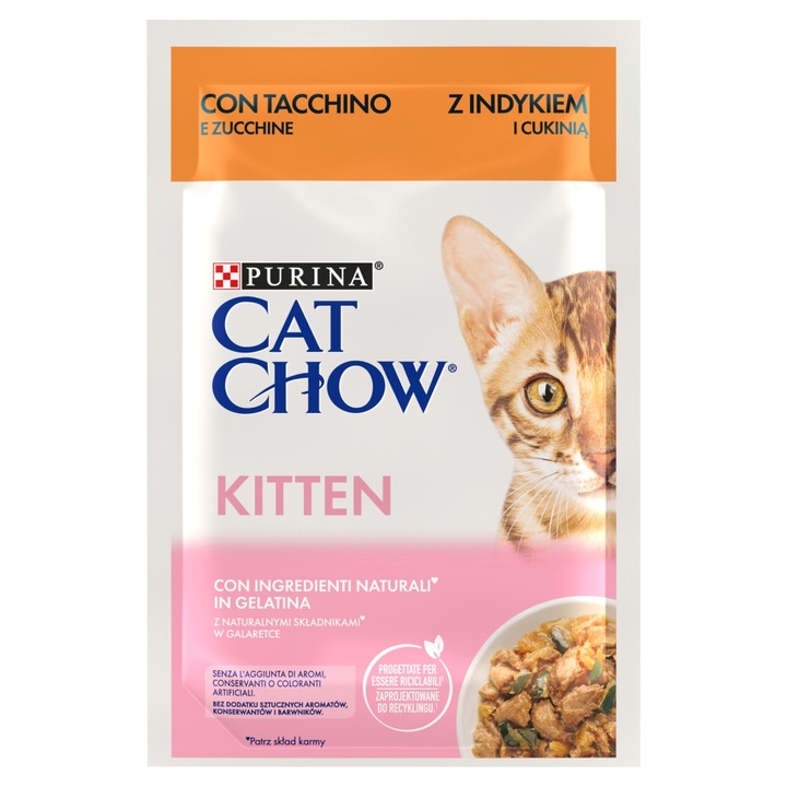 Purina Cat Chow Kitten, 85g, hrana umeda pentru pisici cu curcan si dovlecel in jeleu