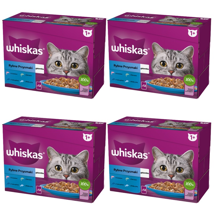 Whiskas Adult Set 48x85g, hrana umeda pentru pisici, 4 arome, peste, 85g