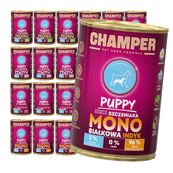 Set hrana umeda pentru caini Champer Puppy Monobialkowa 24x400g, mix arome, sprijin dezvoltare, 400g