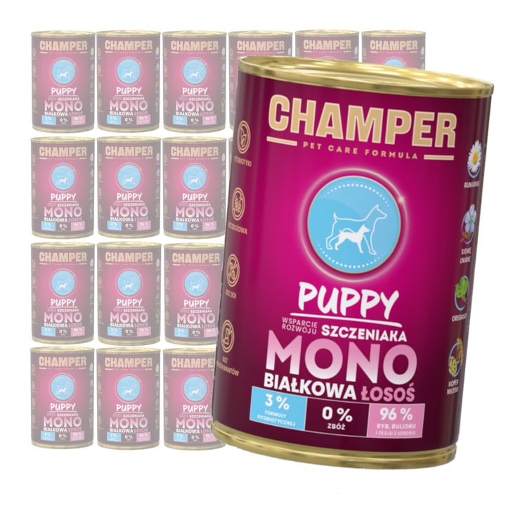Hrana umeda pentru caini, Champer, Puppy, cu somon, 24x400g