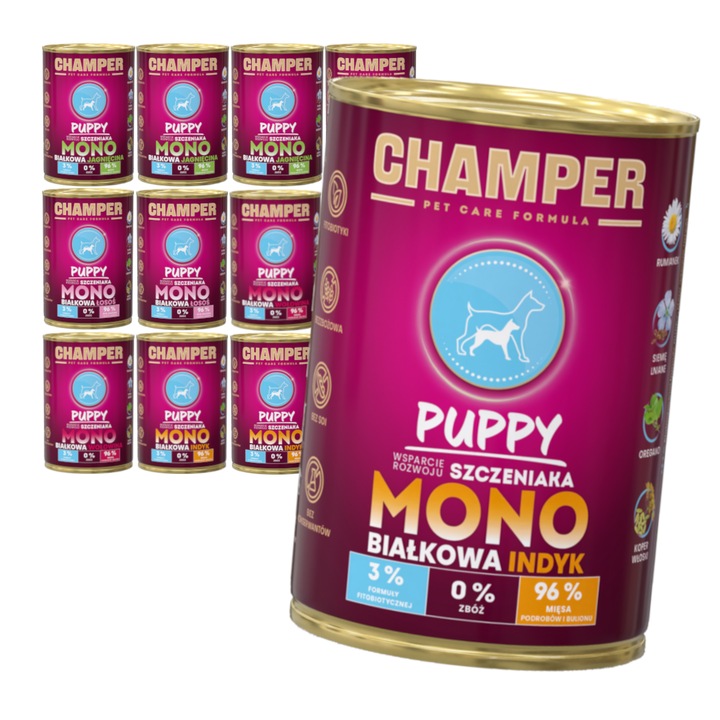 Set hrana umeda pentru caini Champer Puppy Monobialkowa 12x400g, mix arome, sprijin dezvoltare, multicolor