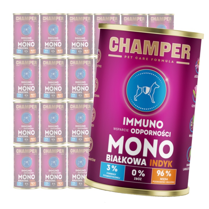 Hrana umeda pentru caini, Champer, Monobialkowa, cu curcan, 24x400g, suport imunitar