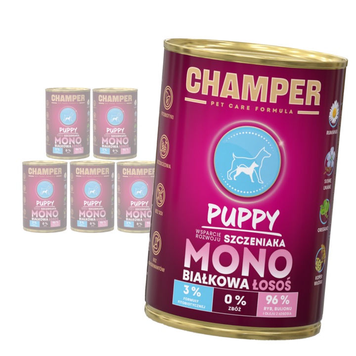 Hrana umeda pentru caini, Champer, Puppy, cu somon, 6x400g