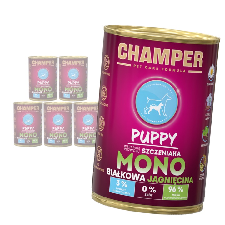 Hrana umeda pentru caini, Champer, Puppy, miel, 6x400g