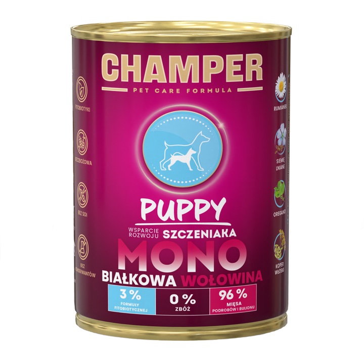 Hrana umeda pentru caini, Champer, Puppy, 400g, cu vita, sprijin pentru dezvoltare