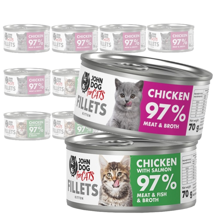 Hrana umeda pentru pisici, John Dog, mix de arome, pui si somon, set 12x70g