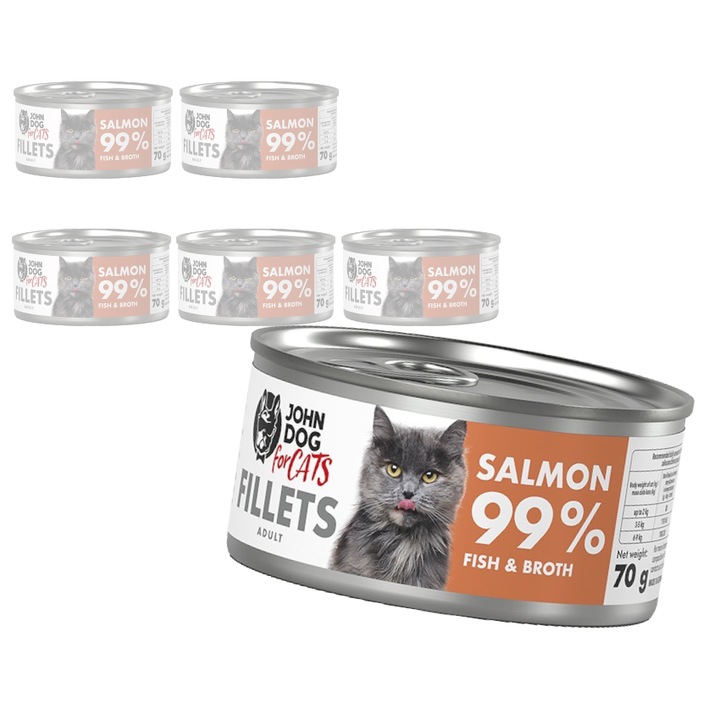 Hrana pentru pisici, John Dog, filete din somon, 6x70g, cu minerale, 60% somon