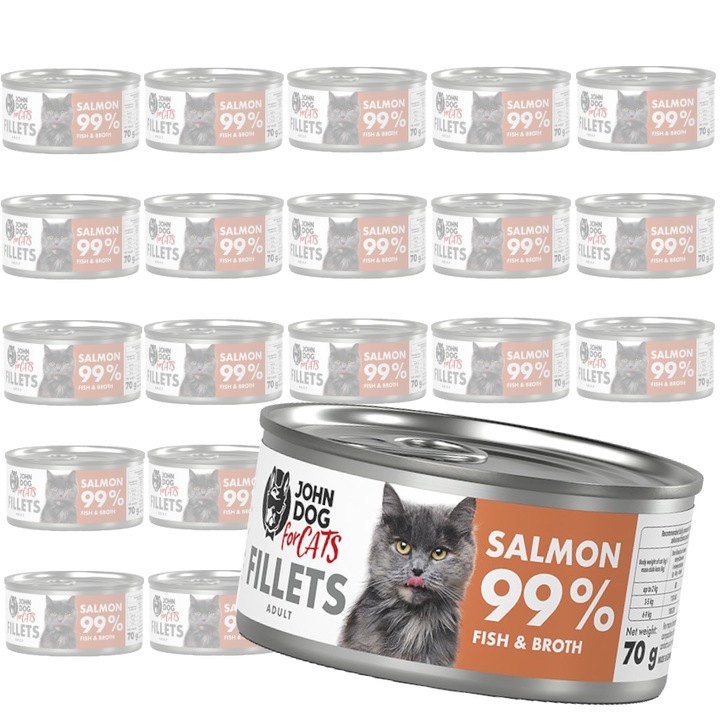 Hrana umeda pentru pisici, John Dog, filete din somon, 24x70g, 60% somon