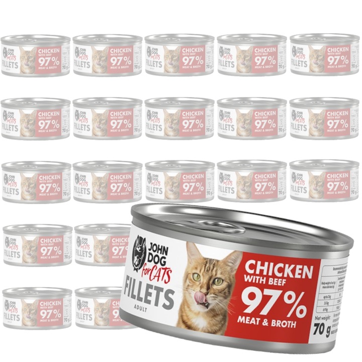Hrana pentru pisici, John Dog, filete de pui si vita, 24x70g, continut ridicat de carne