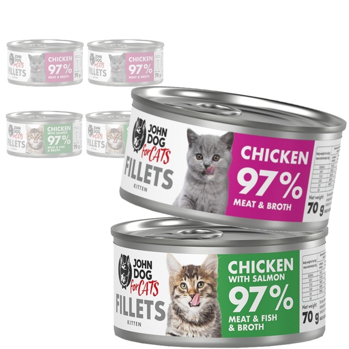 Hrana umeda pentru pisici, John Dog, mix de arome, filete de pui si somon, set 6x70g