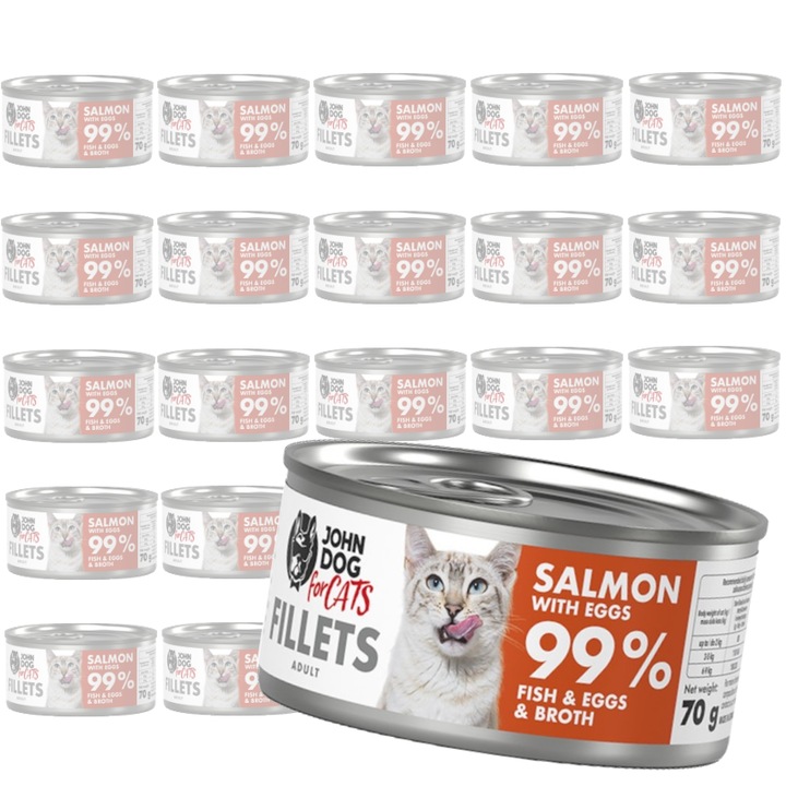 Hrana umeda pentru pisici, John Dog, losos cu ou, 24x70g, 56% carne de peste
