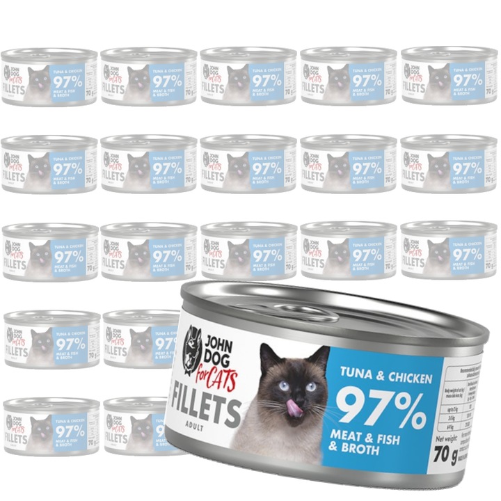 Set de hrana umeda pentru pisici John Dog, ton cu pui, 24x70g