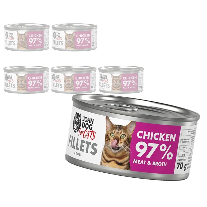 Hrana umeda pentru pisici, filete de pui, John Dog, set 6x70g, 60% carne de pui