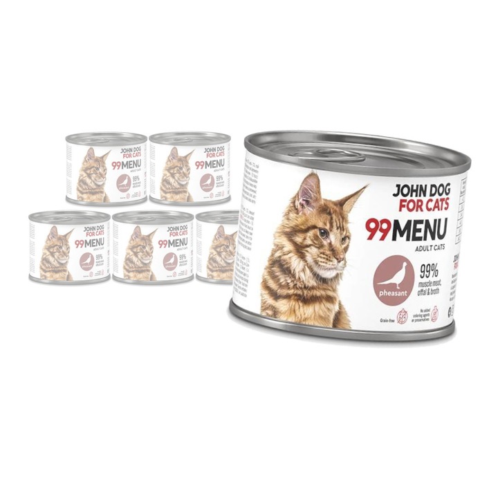 Hrana umeda pentru pisici adulte cu fazani 6x200g, John Dog 99 Meniu
