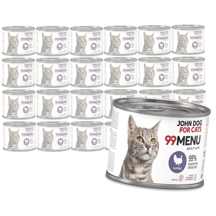 Hrana umeda pentru pisici adulte John Dog 99 Meniu, cu curcan 24x200g