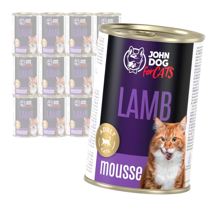 Hrana umeda fara cereale pentru pisici John Dog Cats Mousse de miel 12x400g