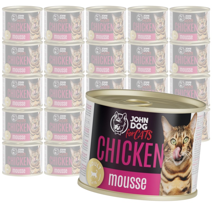 Set 24 x Mancare umeda pentru pisici John Dog, mousse cu pui, 24x200g, fara cereale