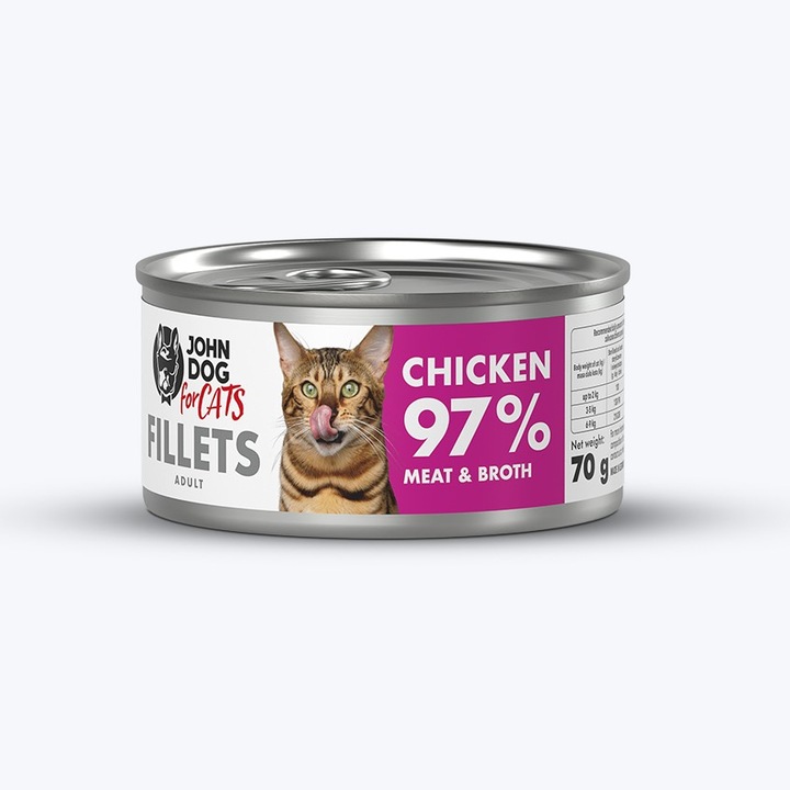 Hrana umeda pentru pisici John Dog, filete de pui, 70g, cu minerale, 60% carne