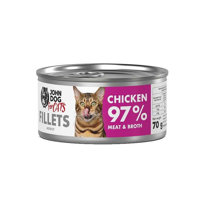 Hrana umeda pentru pisici John Dog, filete de pui, 70g, cu minerale, 60% carne