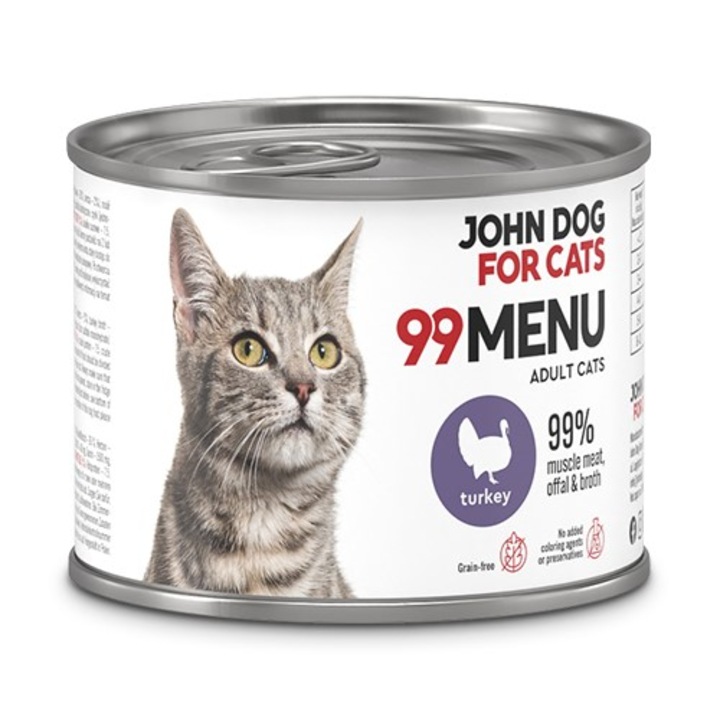 Hrana umeda pentru pisici adulte cu curcan 200g, John Dog 99 Meniu