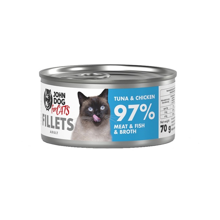Hrana umeda pentru pisici John Dog, ton cu pui, 70g, 100% carne filetata