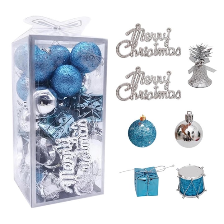 Set 32 ornamente Craciun, globuri 3 cm, tobe, cadouri, stelute si figurine, plastic, culoare albastru si argintiu