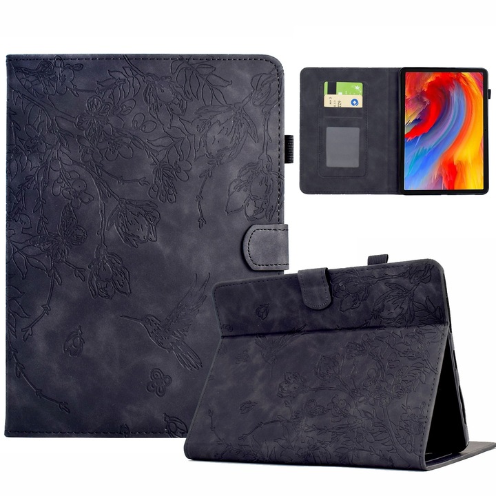 Husa tableta pentru Amazon Kindle Paperwhite 12th Gen 2024, piele inteligenta embosata cu flori si pasare, inchidere magnetica, culoare neagra