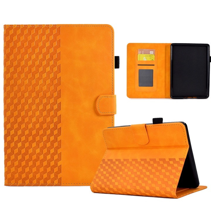 Husa tableta pentru Amazon Kindle PaperWhite 12th Gen 2024, piele gravata cu romburi, tip carte cu inchidere inteligenta, acces complet la porturi, kaki