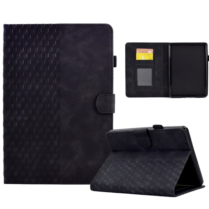 Husa tableta pentru Amazon Kindle PaperWhite a 12-a generatie 2024, piele gravata cu romburi, tip smart case, cu functie de auto-sleep/wake, negru
