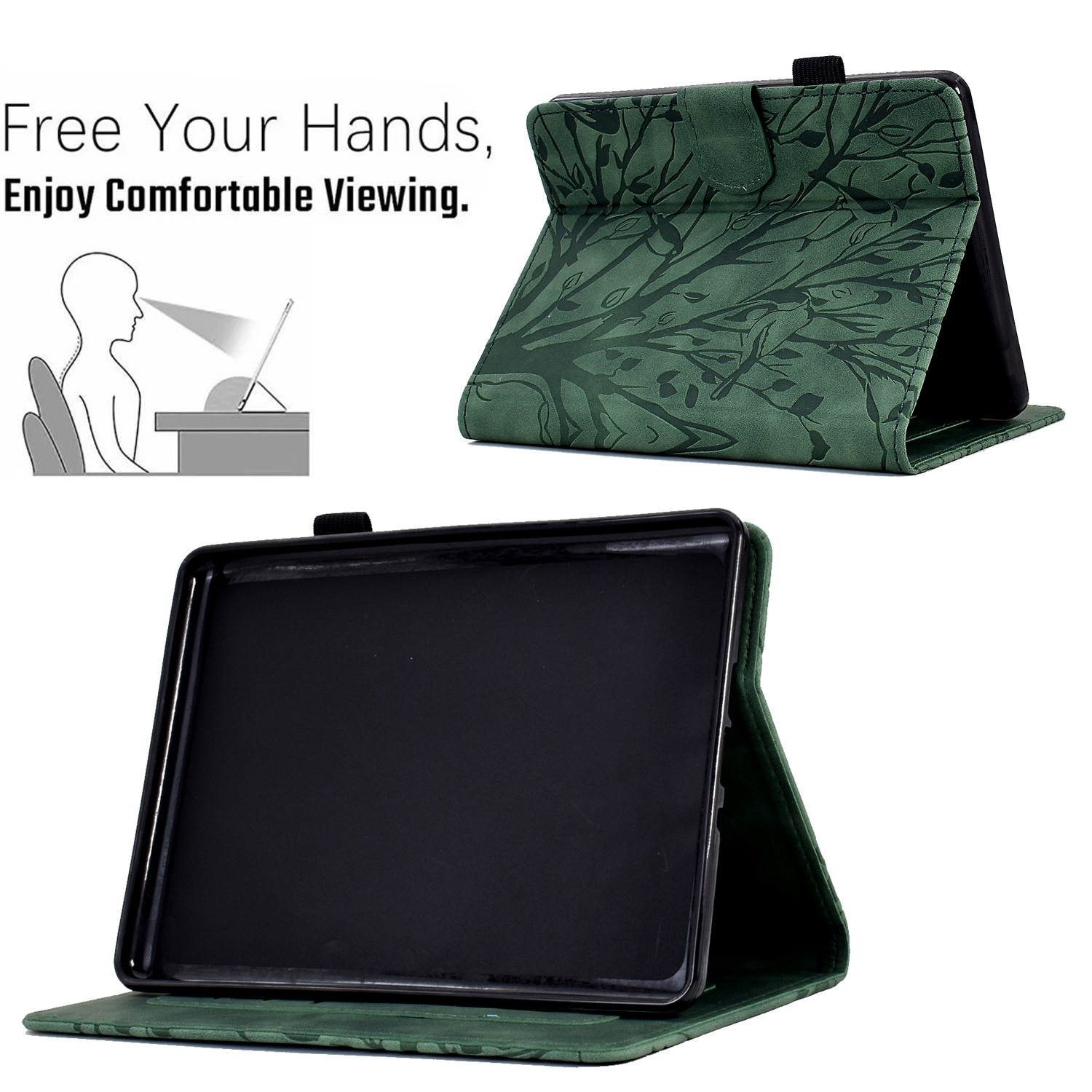 Husa tableta pentru Amazon Kindle Paperwhite 12, 2024, piele inteligenta cu desen copac norocos + flori presate, verde