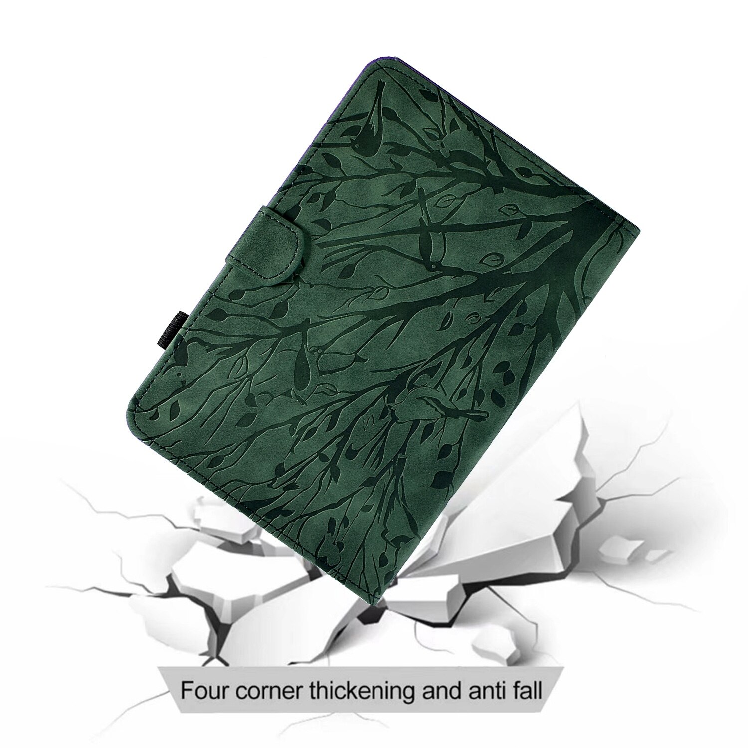 Husa tableta pentru Amazon Kindle Paperwhite 12, 2024, piele inteligenta cu desen copac norocos + flori presate, verde