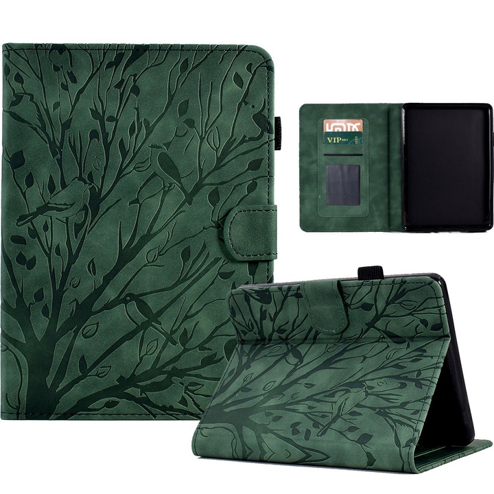Husa tableta pentru Amazon Kindle Paperwhite 12, 2024, piele inteligenta cu desen copac norocos + flori presate, verde