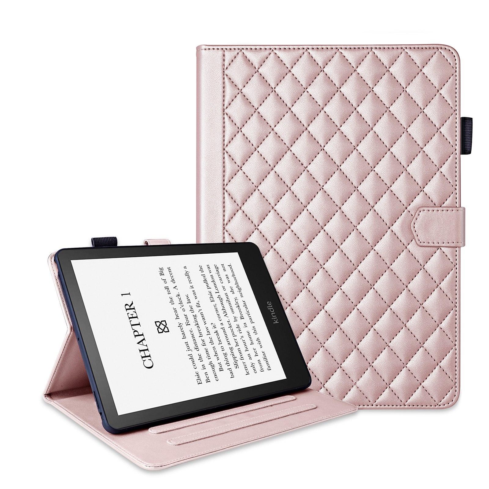 Husa tableta pentru Amazon Kindle Paperwhite 12th Gen 2024, piele cu model rombic, tip carte, roz auriu