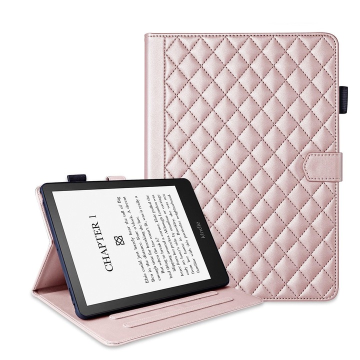 Husa tableta pentru Amazon Kindle Paperwhite 12th Gen 2024, piele cu model rombic, tip carte, roz auriu