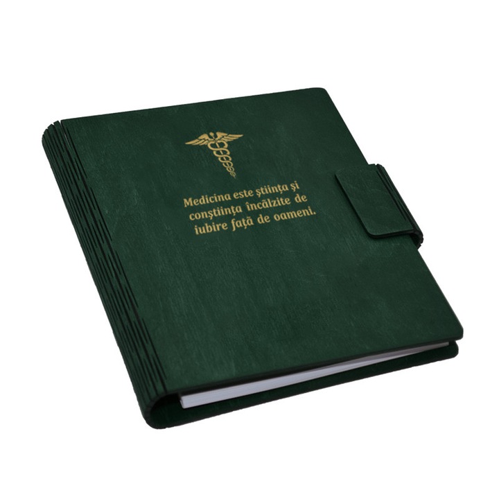 Agenda A5 din lemn, Piksel, verde, 100 pagini, pentru medicina, 22x18x2.9cm