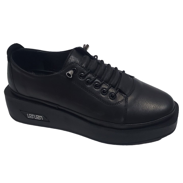 Pantofi Dama Ortopedici Bej din Piele Naturala Netădă, Cu Siret, Talpă Usoară Ortopedică din Poliuretan, Interior Captușit cu Piele, SCV, Inaltime Toc 4.5cm, Negru