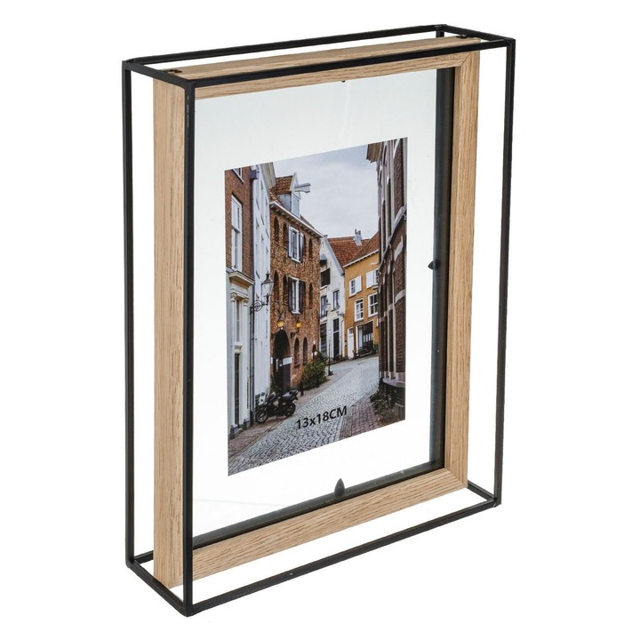 Fa képkeret fém és üveg kerettel 23x7x30cm 13x18cm-es képhez