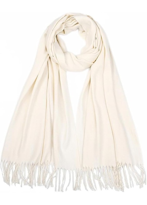 Esarfa dama CLELLA, din casmir, dublu strat, cu franjuri, 70 x 200 cm – moale si eleganta, Alba