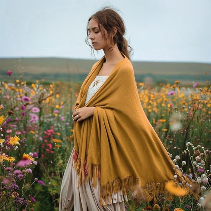 Esarfa dama CLELLA, din casmir, dublu strat, cu franjuri, 70 x 200 cm – moale si eleganta, Mustar