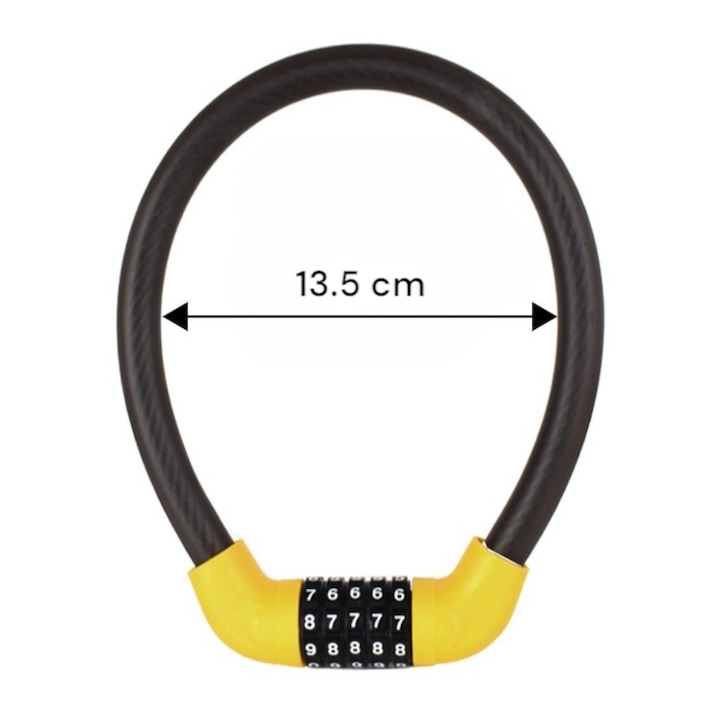 Antifurt galben din otel arcuit, sistem cu cifru, rază 13.5 cm, pentru bicicleta, mopet, ATV, trotineta
