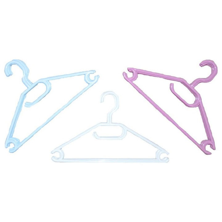 Set de 6 umerase pentru haine Junior, CORONET, 33cm, plastic, cu bucle pentru fuste si bara pentru pantaloni