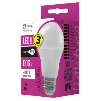 Bec LED ZQ5141, lumina neutra 4100K, 9W, 806lm, Clasic A60, E27, 30000 h functionare, garantie 3 ani, Emos Bec LED ZQ5141, lumina neutra 4100K, 9W, 806lm, Clasic A60, E27, 30000 h functionare, garantie 3 ani, Emos