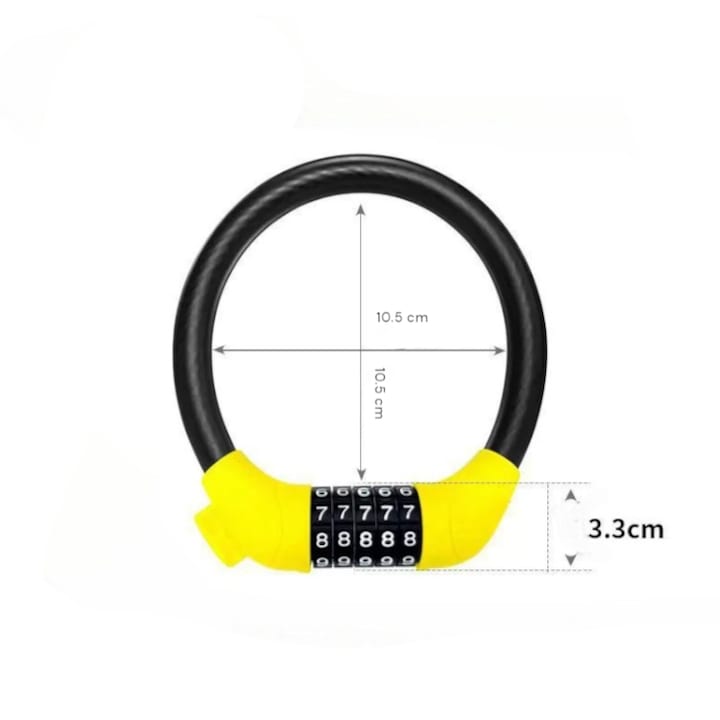 Antifurt galben din otel arcuit pentru bicicleta, mopet. Atv, trotineta, sistem blocare si inchidere cu cifru, raza cuprindere 10.5 cm